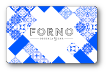 Forno logo on a patterned blue and white checker background that looks like snowflakes